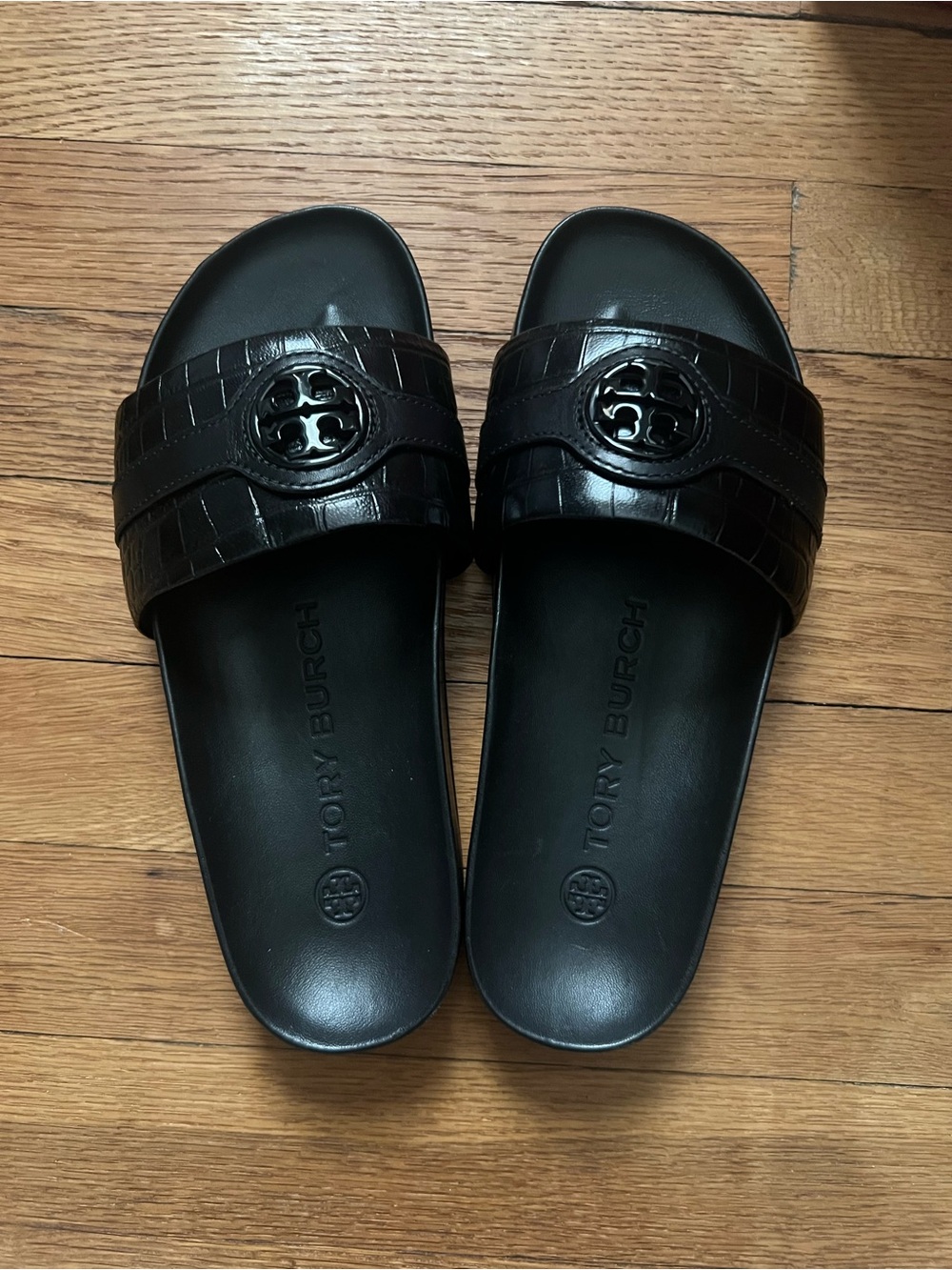 Tory Burch Black Croc-Embossed Logo Slide Sandals Size: 7